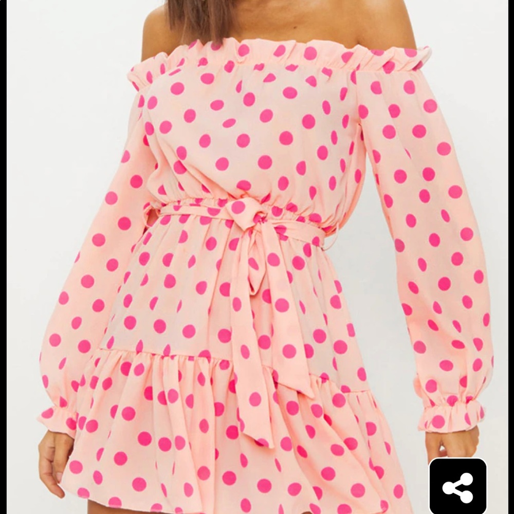 Pretty Little Thing Dusty Pink Polka Dot Bardot Tie Waist Shift Dress - Picture 2 of 9